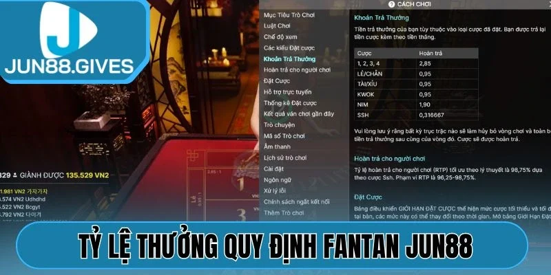 Tỷ lệ thưởng quy định Fantan Jun88